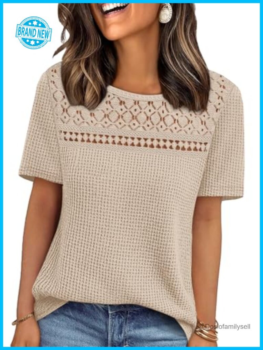 Womens Boho Crochet Lace Waffle Knit Short Sleeve Top Crewneck Blouse